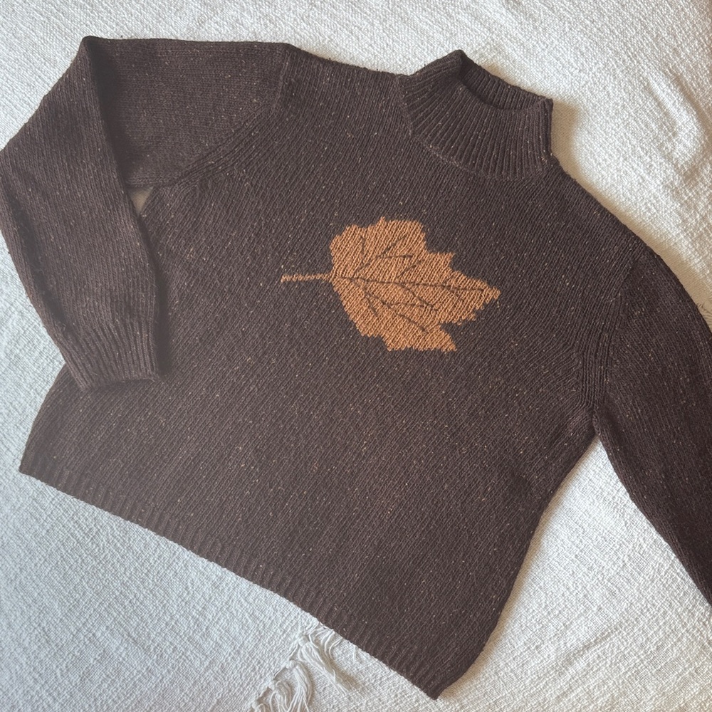 Brown Leaf Motif Women's Turtleneck Sweater